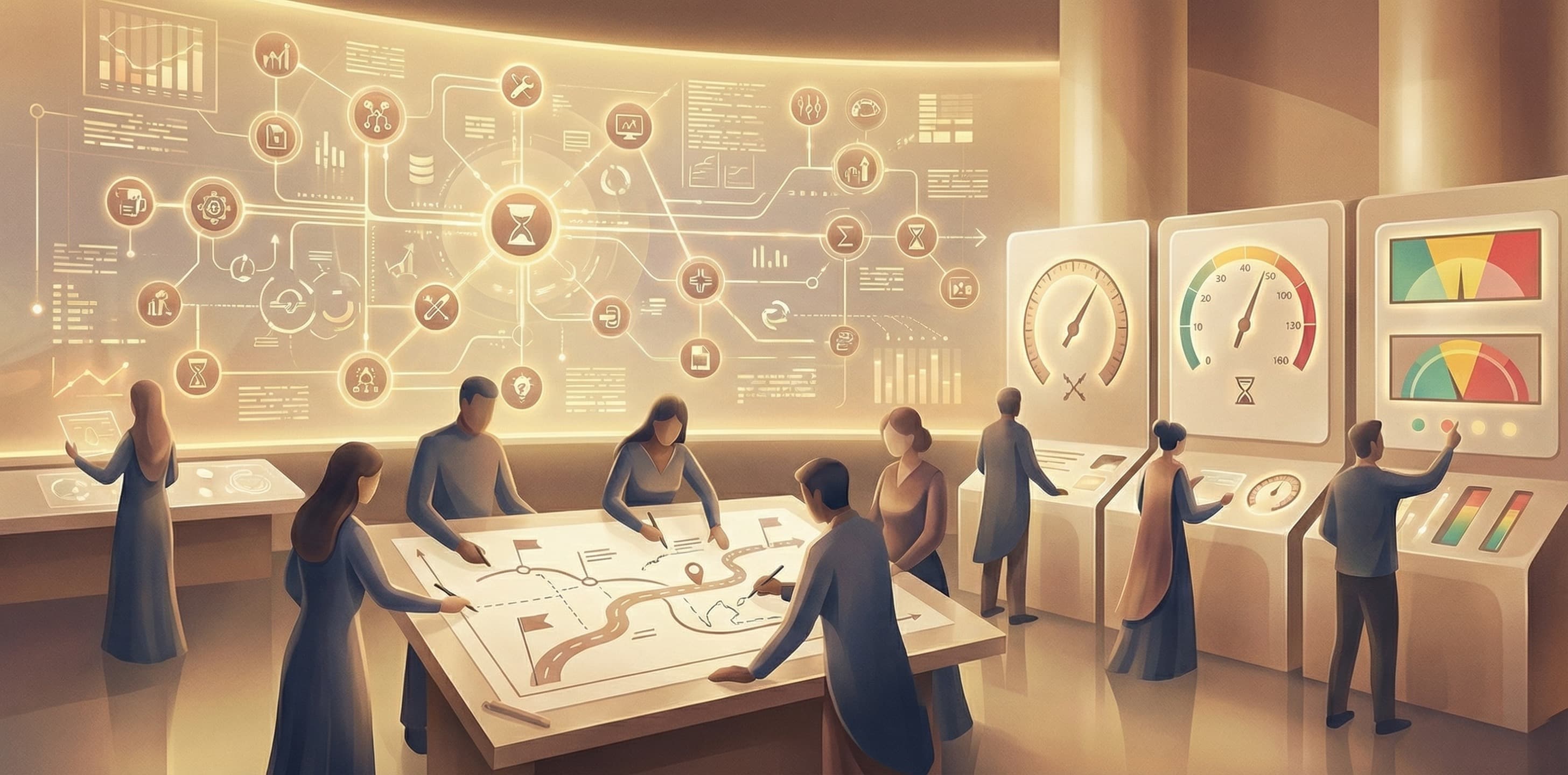 AI readiness baseline scene with assessment panels and calibration instruments