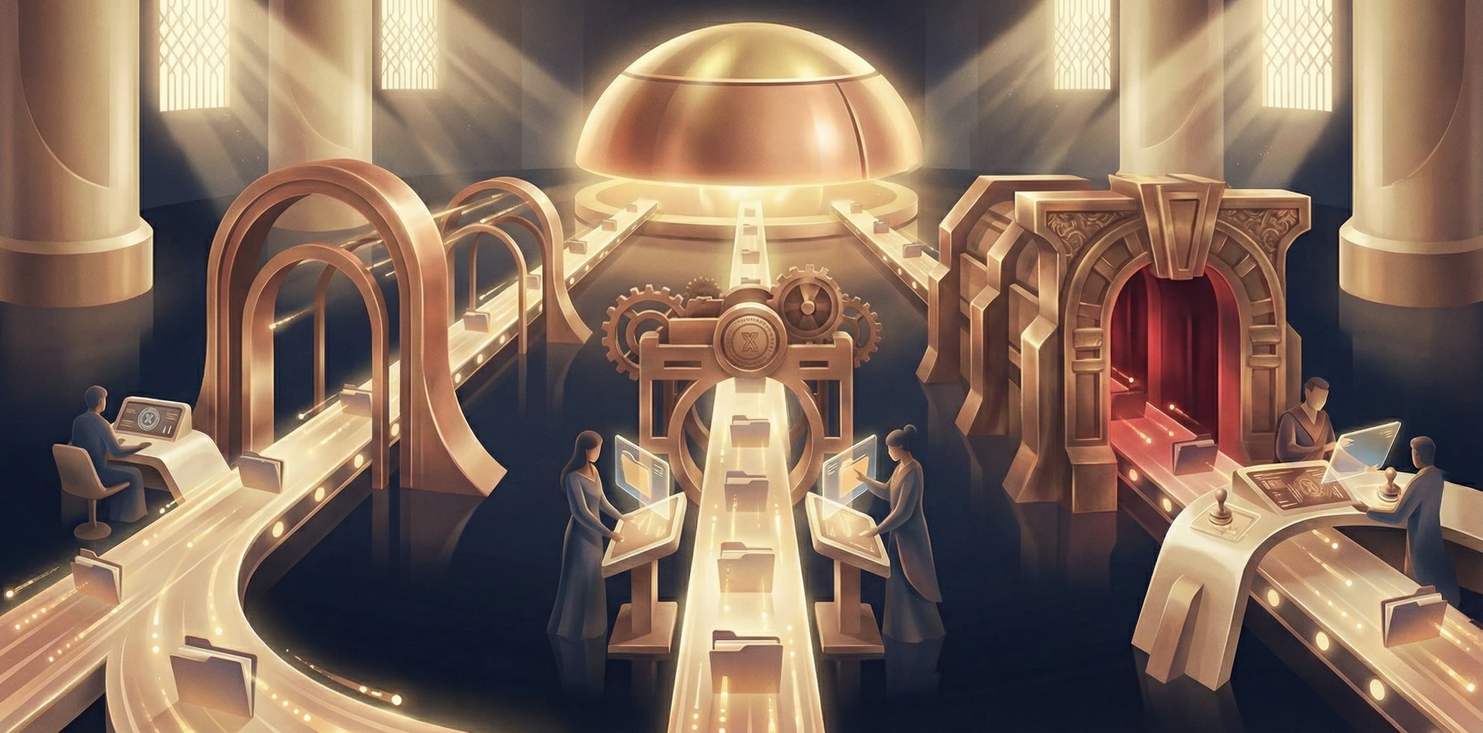 Human-in-the-loop governance scene with review gates and escalation lanes