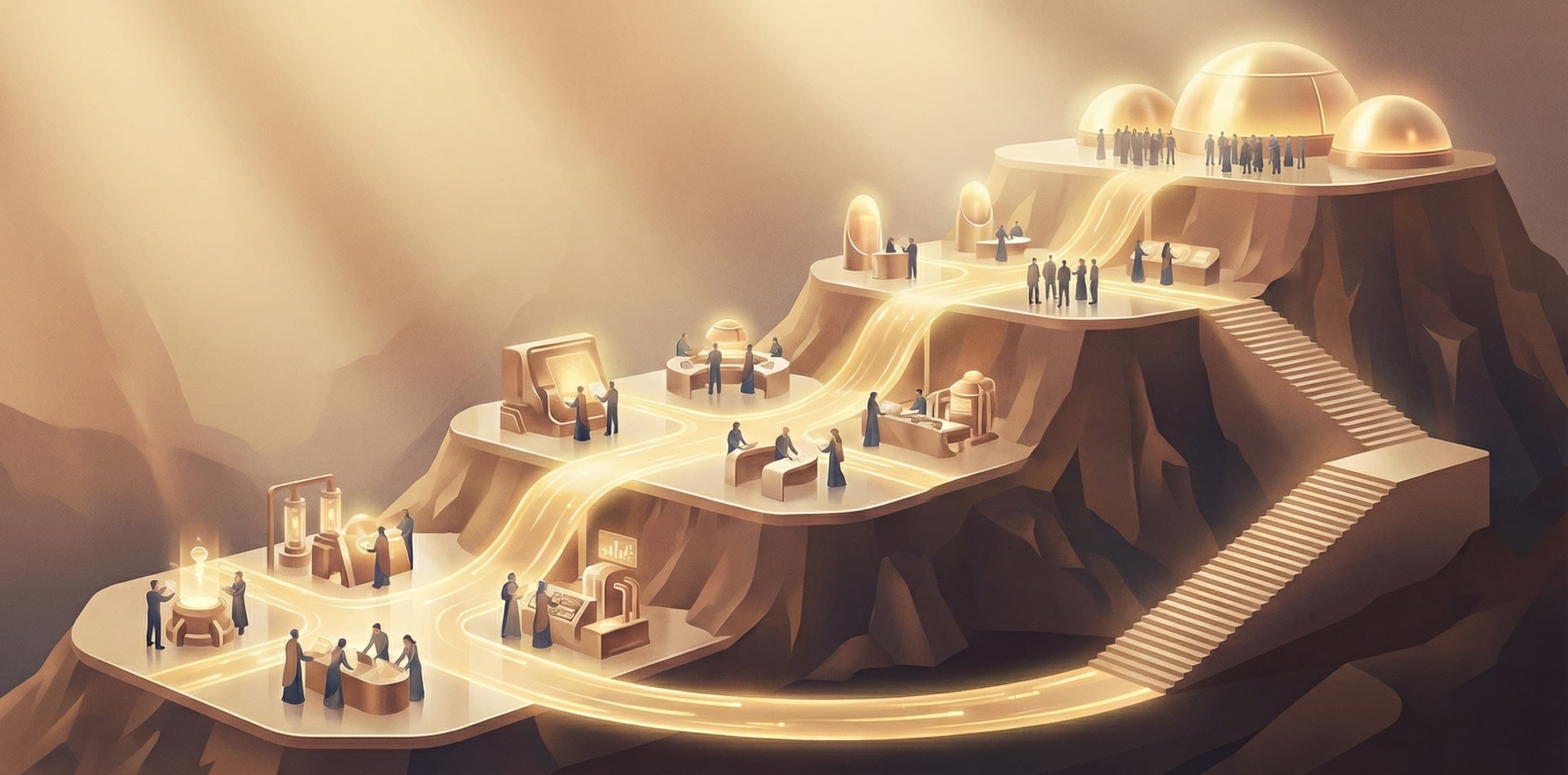 Pilot-to-production rollout scene with phased milestones and gates