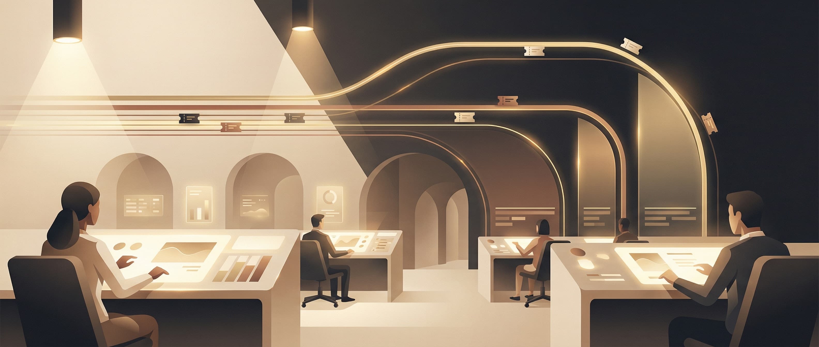 Support operations command center visual for AI-guided ticket triage